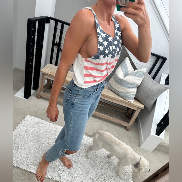 American flag cut off crop top red white & blue casual holiday summer beach M - Picture 6 of 12